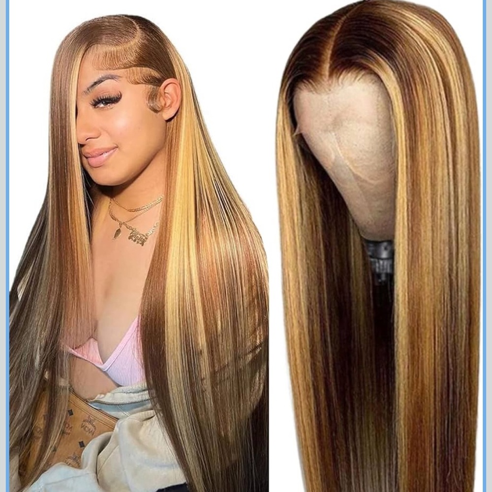 Long Straight Brown and Blonde Wig human hair 28 inches